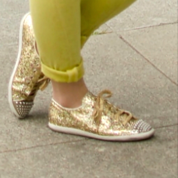 MIU MIU Gold Glitter Sparkle Silver Studs Toe Lace Up Flat Luxury Sneakers 40 - Picture 3 of 16